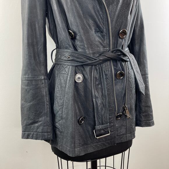 Burberry Brit Dark Blue Distressed Leather Belted Trench Coat Jacket US 6 UK 8 - Picture 3 of 16